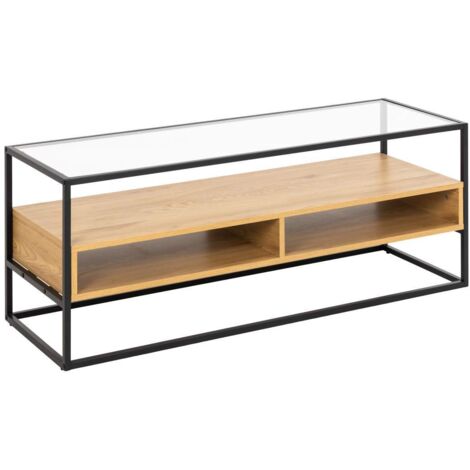 Meuble TV 2 niches 120x40x45 cm décor chêne et plateau en verre - ROBY