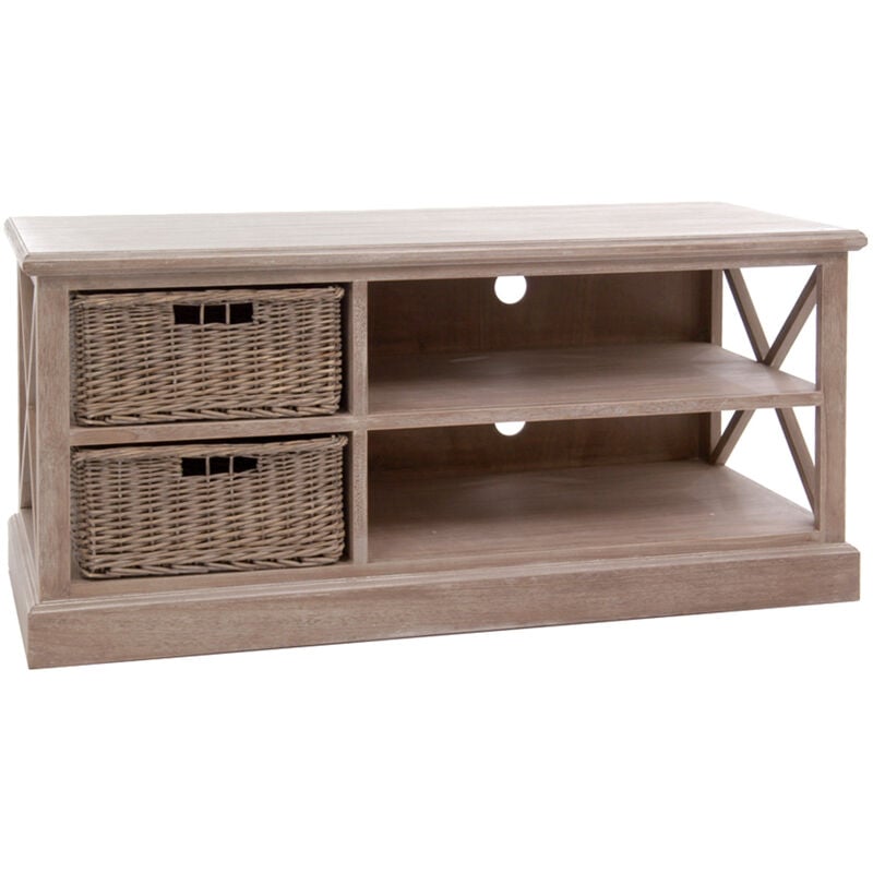 Meuble tv 2 paniers en rotin finition chêne patiné