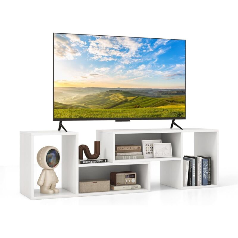 Meuble TV 2 Pcs Modulaires, Meuble Tele pour TV 50/55/60 Pouces, Meuble TV Angle pour Recoin, Meuble TV Bois Extensible Blanc