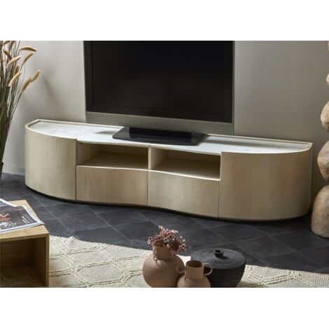 Meuble TV 2 pièces Ishaq en bois de manguier arrondi avec plateau en marbre, 180 x 40 x 40 cm.