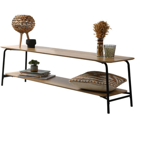 Meuble TV 2 plateaux 150x40x43,5 cm en décor noyer et noir - LIESTEN