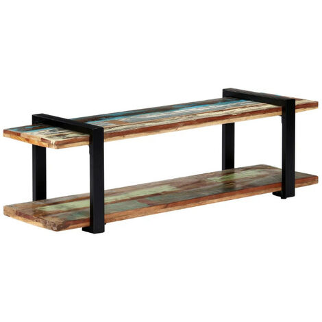 Meuble TV 2 plateaux bois massif recyclé et métal noir Maxi