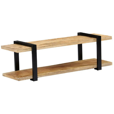 Meuble TV 2 plateaux manguier massif clair et métal noir Maxi
