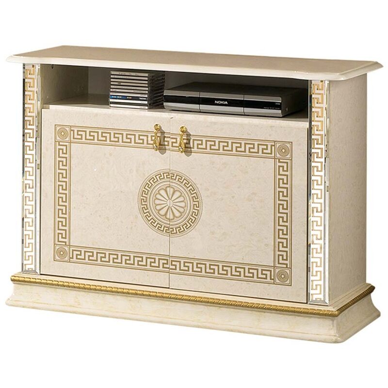 Meuble TV 2 portes 1 niche bois vernis laqué brillant beige et doré Venus 100cm Meuble TV 2 portes 1 niche bois vernis laqué brillant beige et doré Venus 100cm