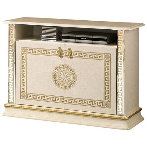 Meuble TV 2 portes 1 niche bois vernis laqué brillant beige et doré Venus 100cm