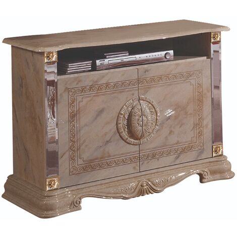 Meuble TV 2 portes 1 niche bois vernis laqué brillant beige et onyx effet marbré Lesly 106cm