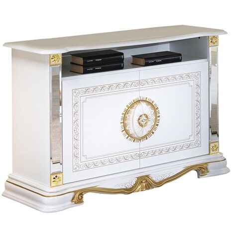 Meuble TV 2 portes 1 niche bois vernis laqué brillant blanc et doré Lesly 106cm