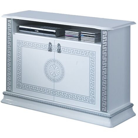 Meuble TV 2 portes 1 niche bois vernis laqué brillant blanc et gris Venus 100cm