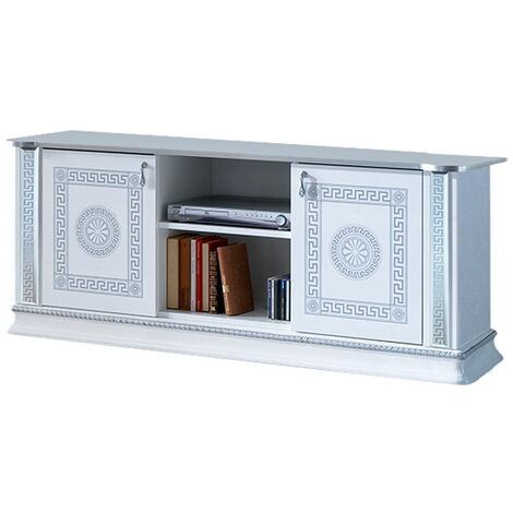 Meuble TV 2 portes 1 niche bois vernis laqué brillant blanc et gris Venus 154