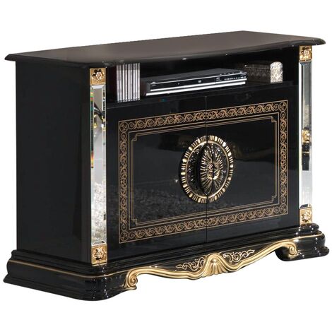 Meuble TV 2 portes 1 niche bois vernis laqué brillant noir et doré Lesly 106cm