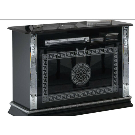 Meuble TV 2 portes 1 niche bois vernis laqué brillant noir et gris Venus 100cm