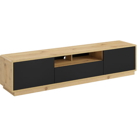 Meuble TV 2 portes 1 tiroir 200 cm Raven Noir et Bois