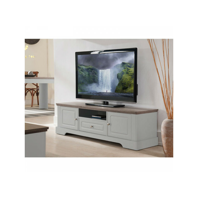 Meuble TV 2 portes 1 tiroir Blanc/Chêne - DUNE - L 139 x l 39 x H 41.5 cm - Blanc