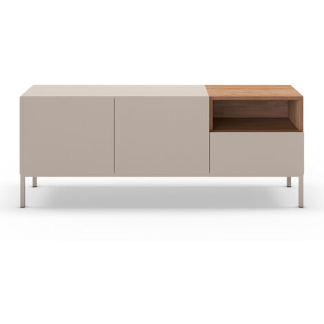 Meuble TV 2 portes 1 tiroir en bois et métal L140cm - Beige - QUENOR