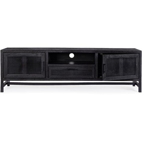 Meuble TV 2 portes 1 tiroir en bois massif noir de manguier et rotin noir Waky 180cm
