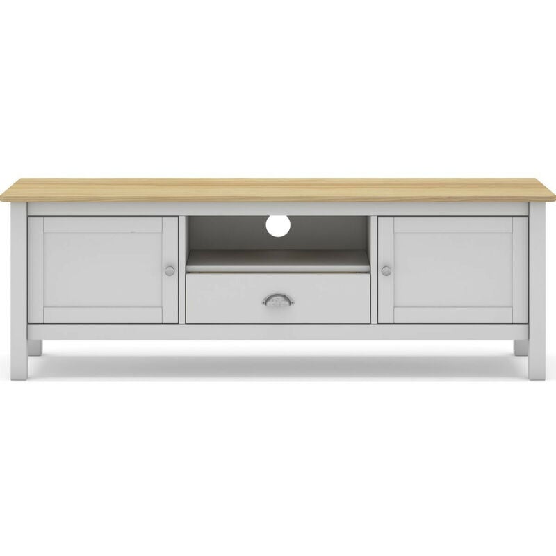 Meuble tv 2 portes 1 tiroir en pin massif blanc / effet chêne 158 cm - Macha