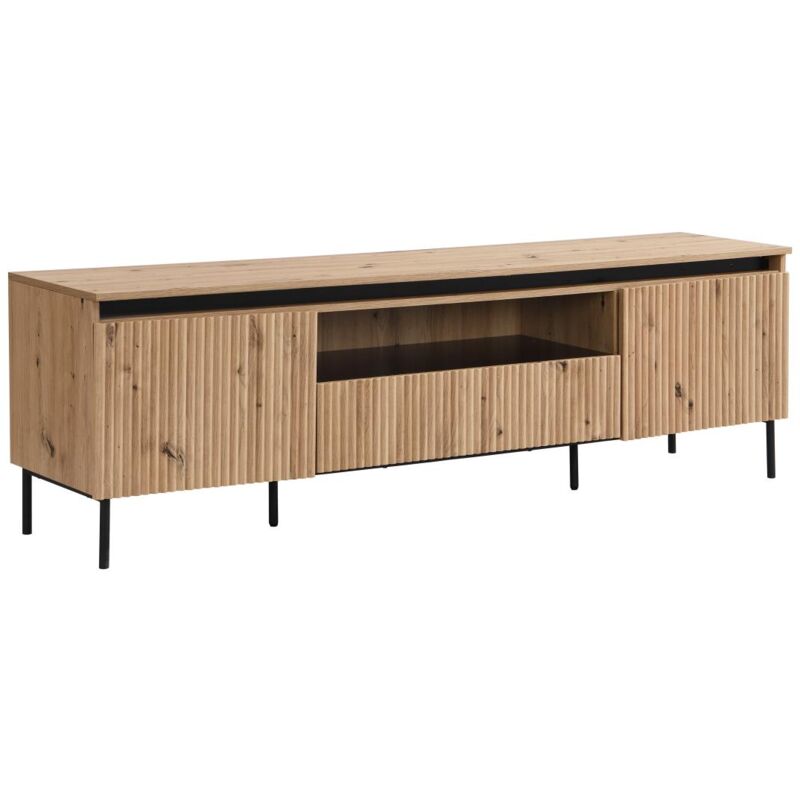 Vente-unique - Meuble tv 2 portes, 1 tiroir et 1 niche en mdf et métal - Avec LEDs - Naturel et Noir - vidaleo