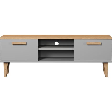 Meuble TV 2 portes 120x35x47,2 cm gris clair et chêne - DENVER