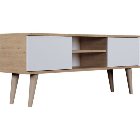 Meuble TV 2 portes 120x35x55,2 cm blanc et chêne - CISKO