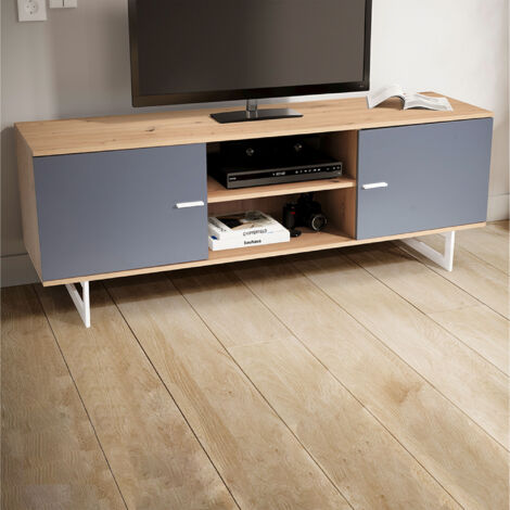 Meuble TV 2 portes 150x40x55 cm décor chêne et gris et pieds en fer