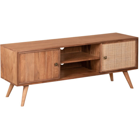 Meuble TV 2 portes 160x40x55 cm en bois d'acacia et cannage - NORIA