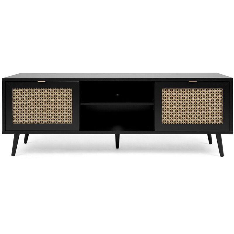 Meuble tv 2 Portes Impression Cannage et Noir L150 x H52 cm - villa - Calicosy