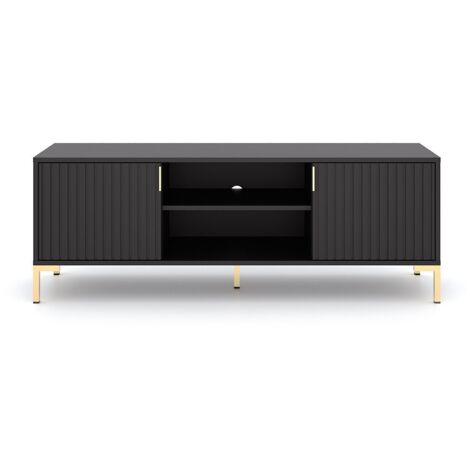 Meuble TV 2 portes 2 niches 140 cm noir et naturel - FLINA