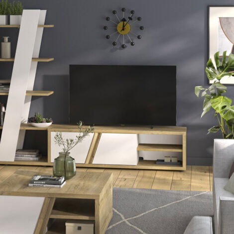 Meuble TV 2 portes 2 niches 162x40x47 cm effet chêne et blanc - JAKSO