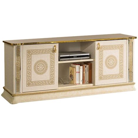 Meuble TV 2 portes 2 niches bois vernis laqué brillant beige et doré Venus 154cm