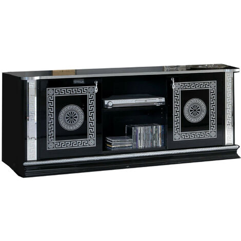 Meuble TV 2 portes 2 niches bois vernis laqué brillant noir et gris Venus 154cm