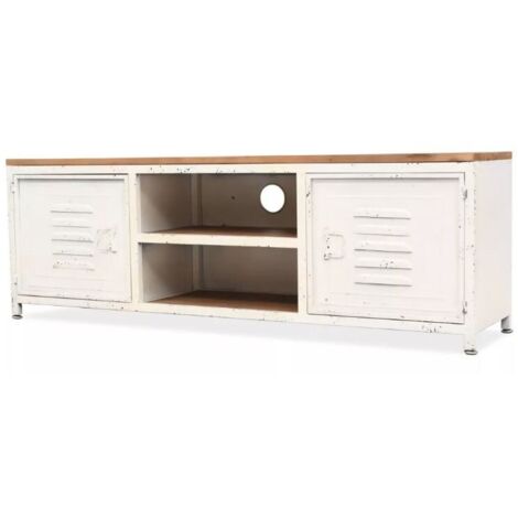 Meuble TV 2 portes 2 niches pin massif clair et métal blanc Kako