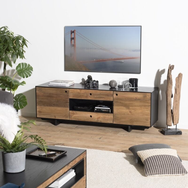 Andrea - Meuble tv 2 portes 2 tiroirs 1 niche bois Pin recyclé naturel et noir