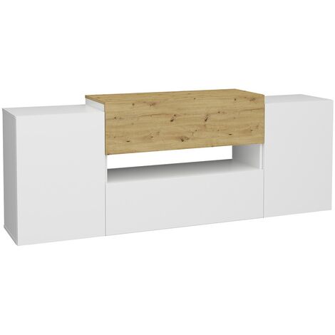 Meuble TV 2 portes 2 tiroirs blanc brillant et chêne artisan Olpe - L182 cm - CaliCosy