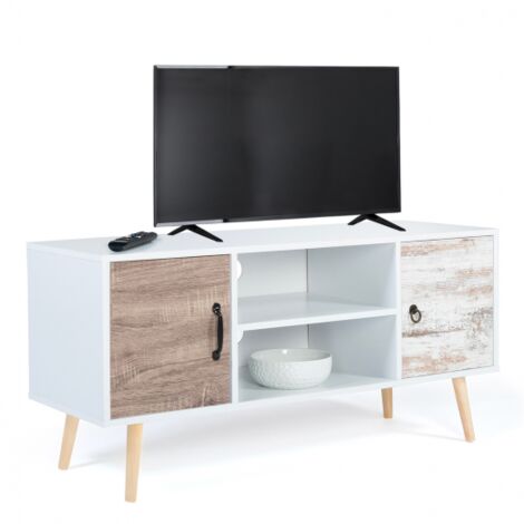 Meuble TV 2 portes BAHIA scandinave 113 cm - Blanc