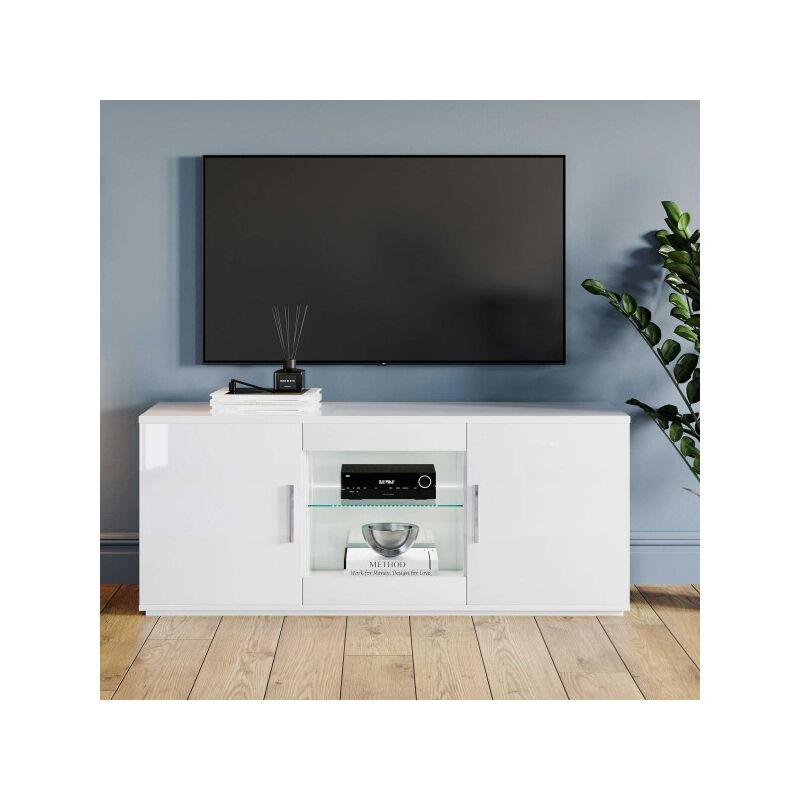 Meuble tv 2 portes Blanc/Blanc laqué à leds - reve - l 150 x l 47 x h 63 cm