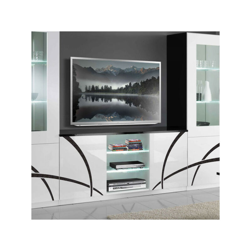 Meuble tv 2 portes Blanc/Noir à leds - cross - l 150 x l 47 x h 70 cm