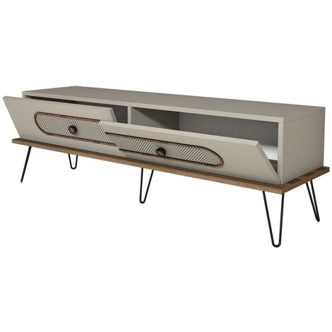 Meuble TV 2 portes bois beige clair et pieds acier noir Koban 145cm