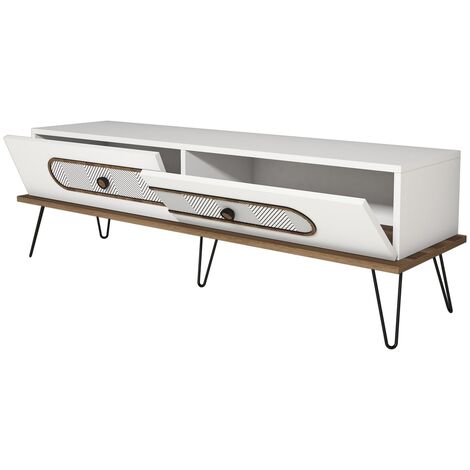 Meuble TV 2 portes bois blanc et pieds acier noir Koban 145cm