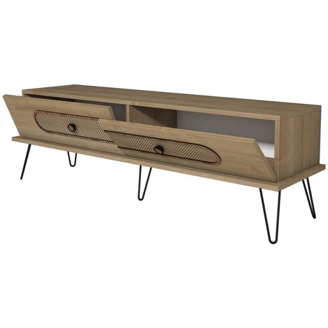 Meuble TV 2 portes bois Chêne et pieds acier noir Koban 145cm