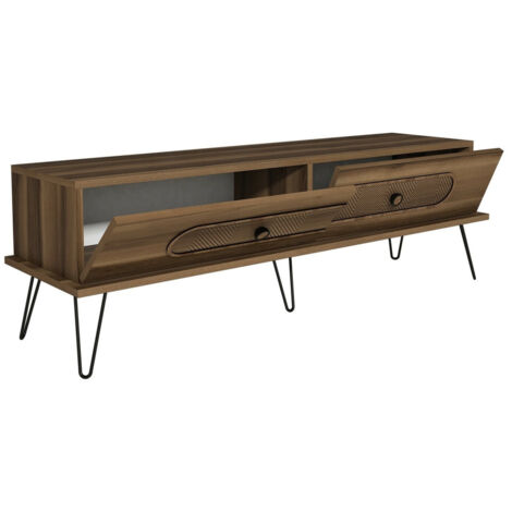 Meuble TV 2 portes bois marron et pieds acier noir Koban 145cm