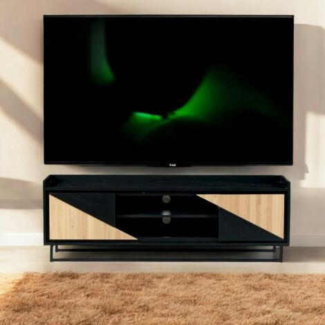 Meuble TV 2 portes bois noir et blanc ANINA