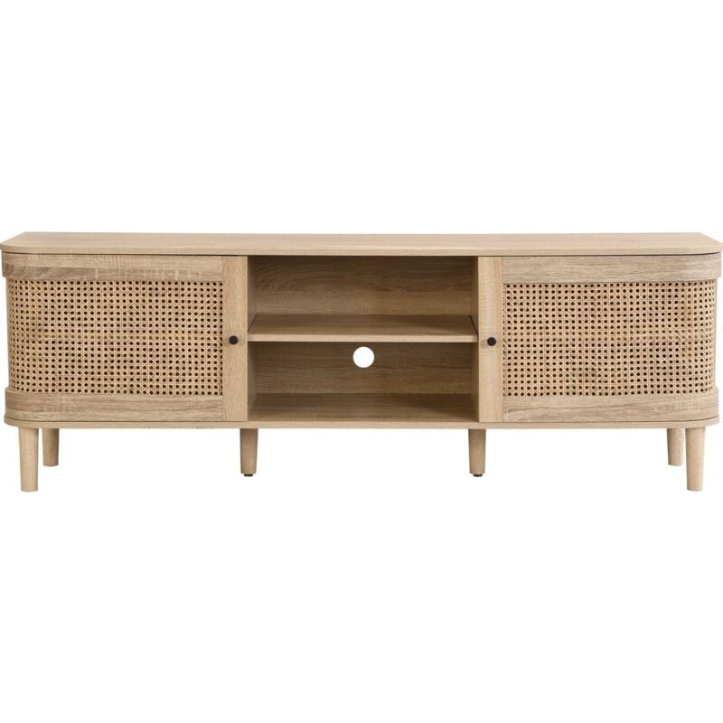 Homifab - Meuble tv 2 portes couleur chêne et cannage 160 cm - Bali