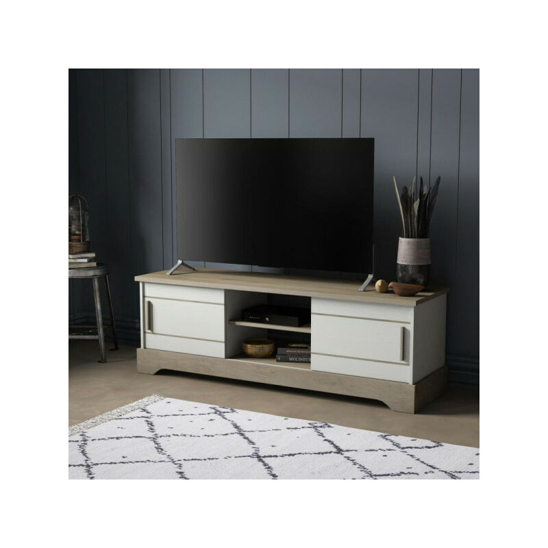 dansmamaison - meuble tv 2 portes coulissantes blanc/chêne - pure - l 150 x l 45 x h 50 cm