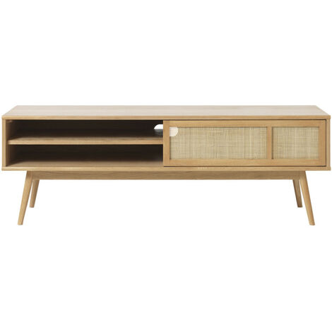 Meuble tv 2 portes en bois et cannage L150cm - Bois clair - KIYO