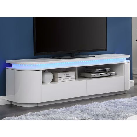 Meuble TV 2 tiroirs 140 cm blanc et gris brillant avec LED - OCARZ