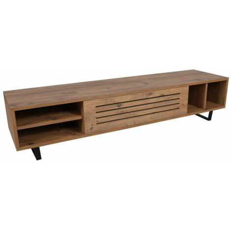 Meuble TV 2 portes et 4 compartiment Leslie 160cm Métal Noir et Bois Naturel