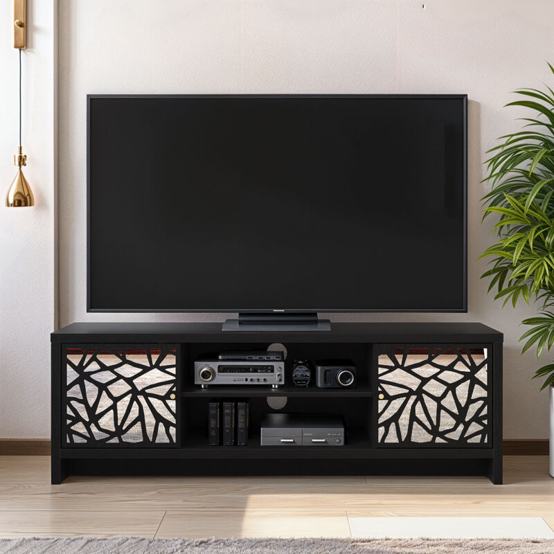 Meuble tv 2 Portes Galano Lyra, 140cm w x 39.8cm d x 46.8cm h, Style Moderne, Couleur avoine noire