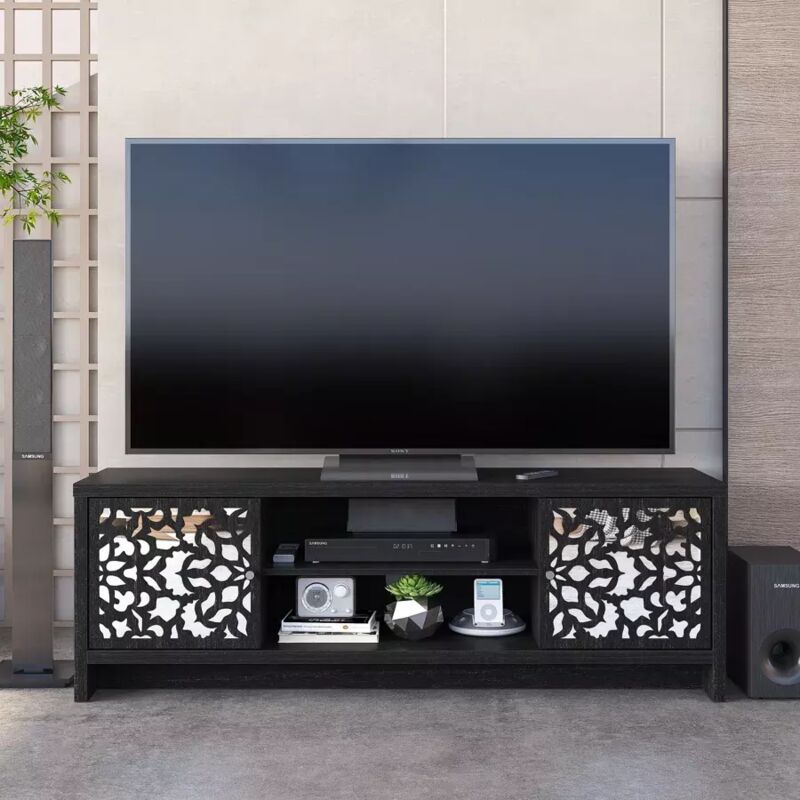 Meuble tv 2 Portes Galano Orissa, 140cm w x 39.8cm d x 46.8cm h, Style Moderne, Couleur Chêne noir rustique
