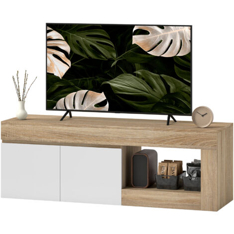 Meuble TV 2 portes pour écrans jusqu'à 60 pouces, meuble télé avec armoire et étagère ouverte, aspect bois naturel