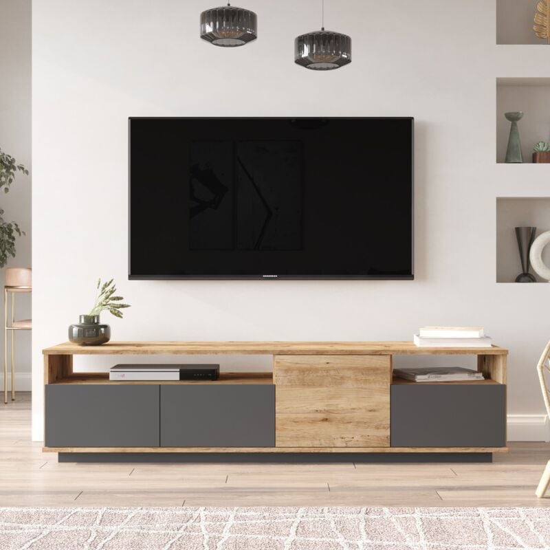 Meuble tv en Pin Atlantique et Anthracite - 180x44,6 cm, Profondeur 44,5 cm, Design Contemporain